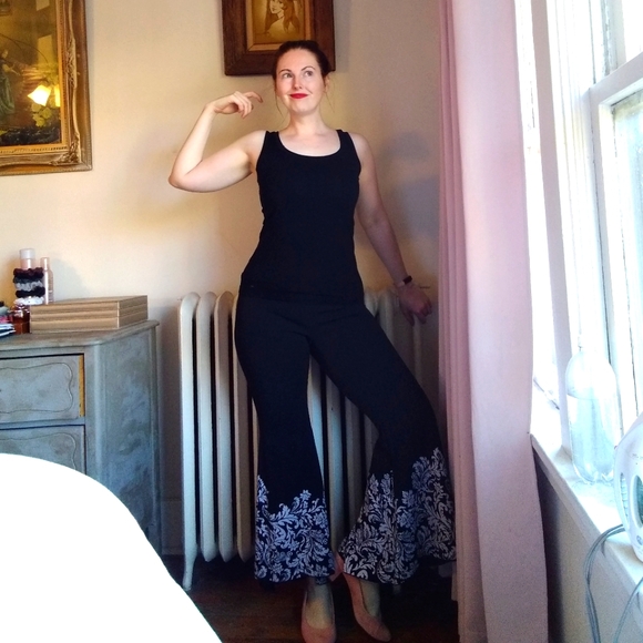 INC International Concepts Pants - / International Concepts Black/White Botanical Design Flared Pants Sz 8